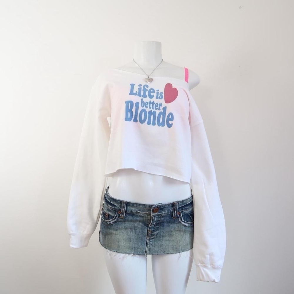 y2k life is better blonde graphic off shoulder cropped sweatshirt mcbling - Picture 2 of 6